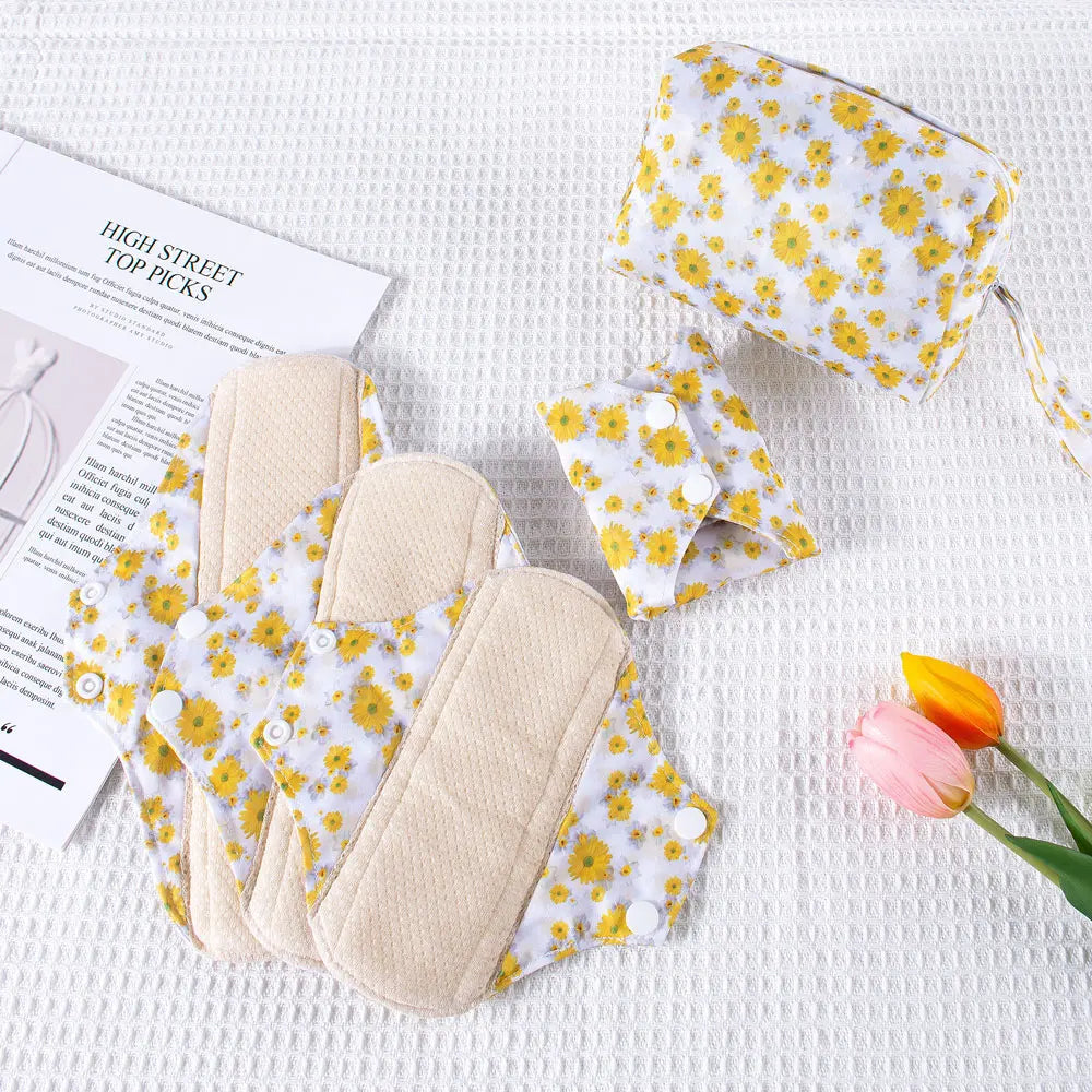 Lot de 5 Serviettes Hygiéniques Lavables en Coton avec Ailettes et Barrière Anti-Fuites