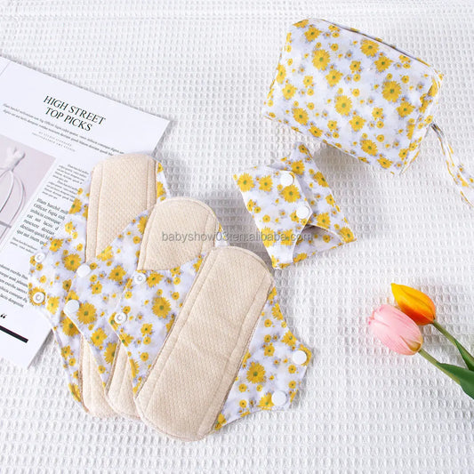 Lot de 5 Serviettes Hygiéniques Lavables en Coton avec Ailettes et Barrière Anti-Fuites