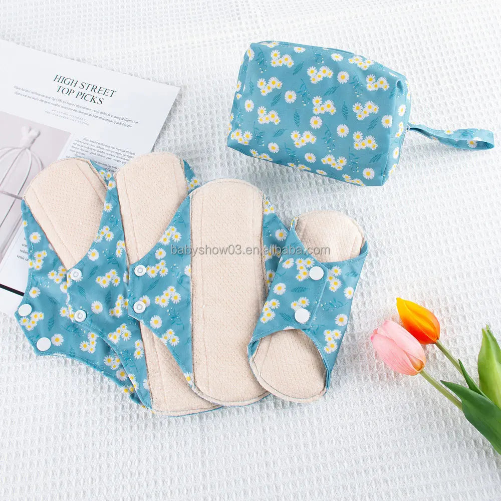 Lot de 5 Serviettes Hygiéniques Lavables en Coton avec Ailettes et Barrière Anti-Fuites