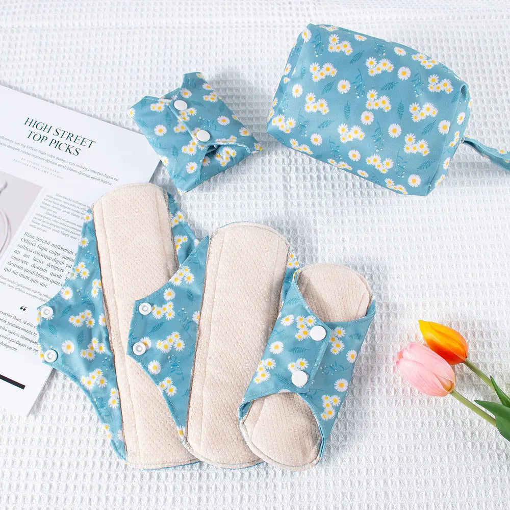 Lot de 5 Serviettes Hygiéniques Lavables en Coton avec Ailettes et Barrière Anti-Fuites