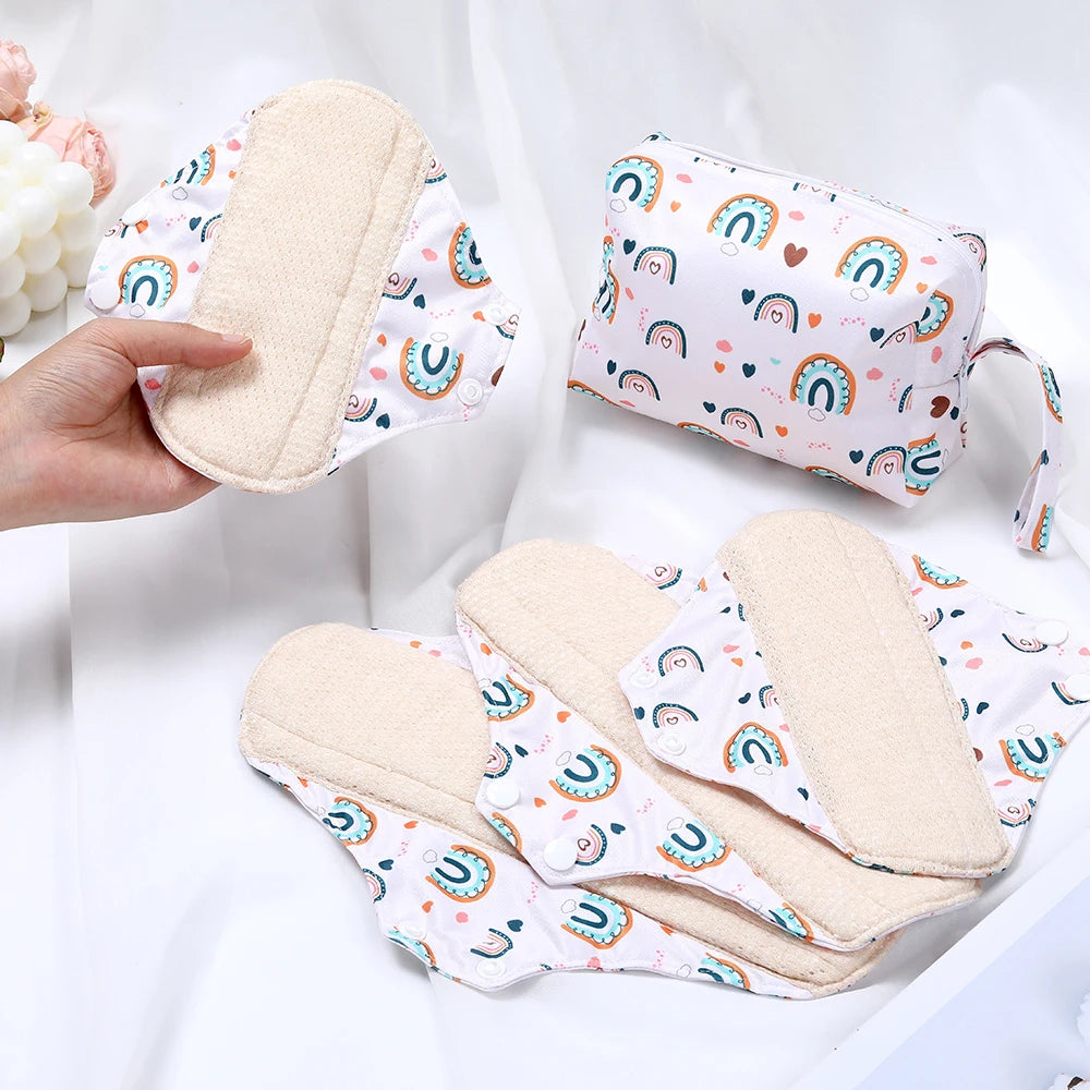Lot de 5 Serviettes Hygiéniques Lavables en Coton avec Ailettes et Barrière Anti-Fuites