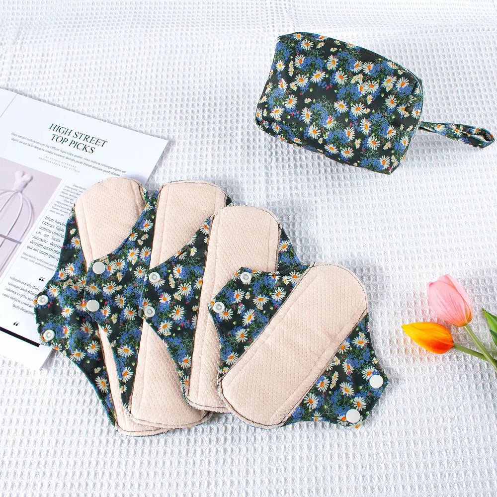 Lot de 5 Serviettes Hygiéniques Lavables en Coton avec Ailettes et Barrière Anti-Fuites